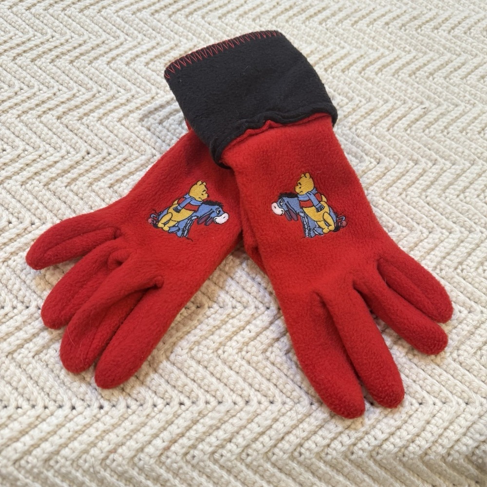 Winnie the Pooh Embroidered Eeyore Fleece Gloves Adult Red Vintage 90s Disney